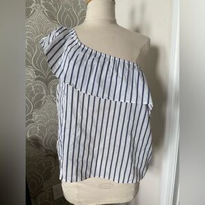 BCX Blue and White Striped One-Shoulder Blouse